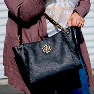 Tory Burch Britten Black Pebble Leather w/gold chain and leather handle